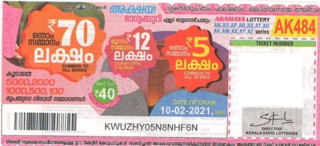 Akshaya Weekly Lottery AK-484 10.02.2021