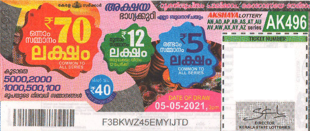 Akshaya Weekly Lottery AK-496 05.05.2021