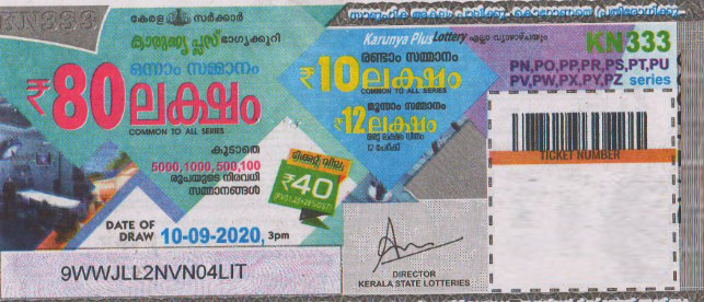 Karunya plus Weekly Lottery KN-333 10.09.2020